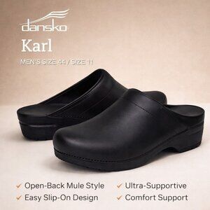 Dansko Karl Black Leather Open Back Clogs Mens Size 11 Professional Slip On Mule